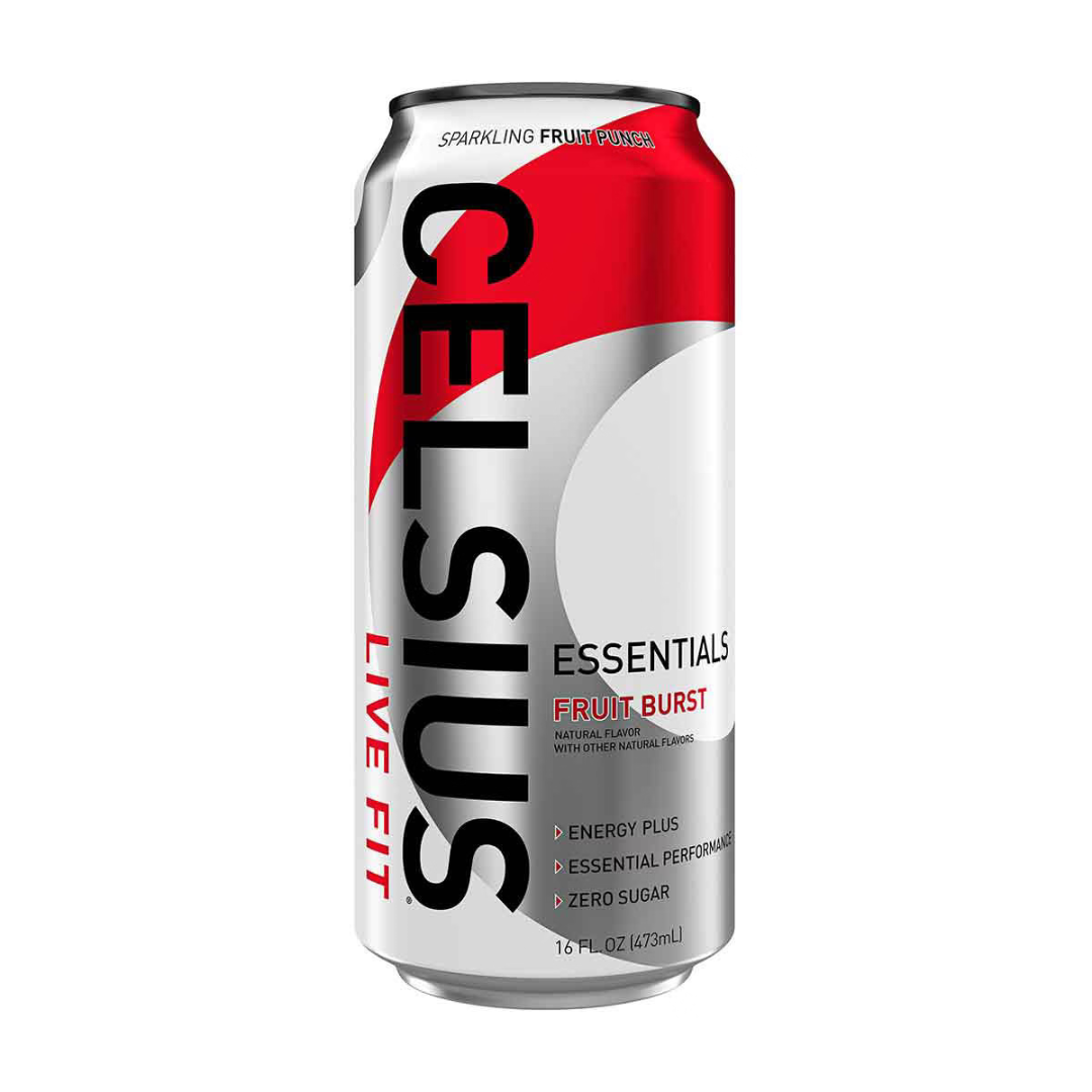 Lata roja Celsius Essentials Fruit Burst 16oz sabor ponche de frutas tropicales.