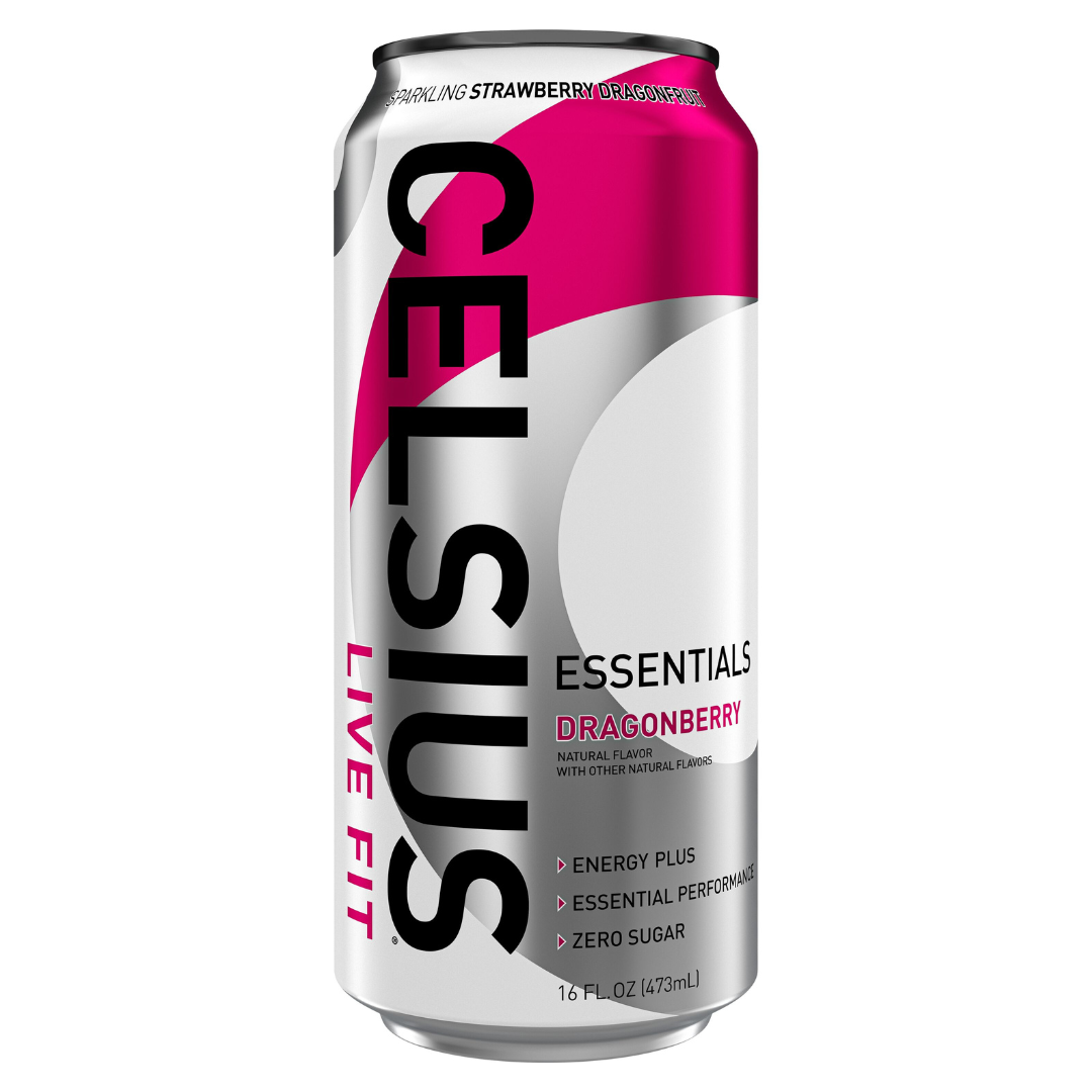 Lata de Celsius Essentials Dragonberry de 16oz sabor fresa y dragonfruit.
