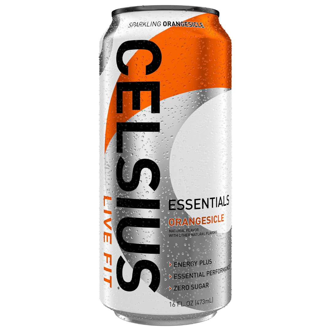 Bebida energética Celsius Essentials Orangesicle de 16oz sabor naranja cremosa.