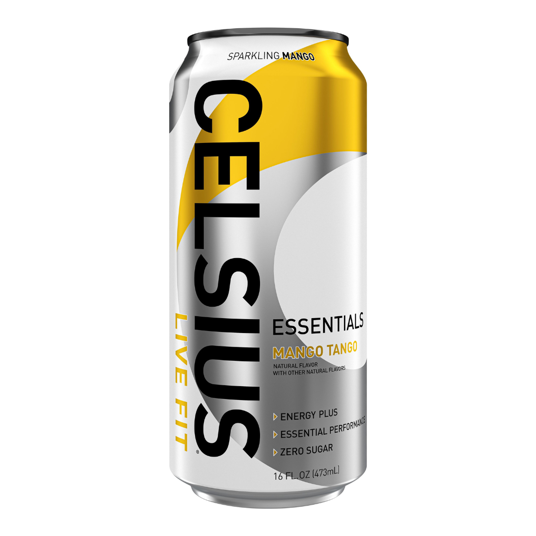 Lata amarilla de Celsius Essentials Mango Tango 16oz sabor mango.