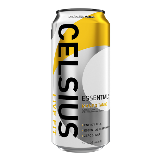 Lata amarilla de Celsius Essentials Mango Tango 16oz sabor mango.