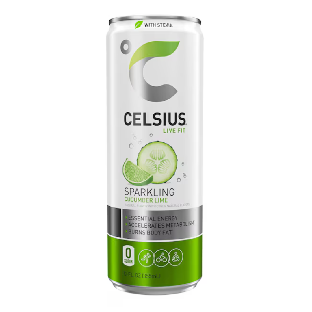 Lata de Celsius Cucumber Lime con Stevia 12oz sabor pepino lima.