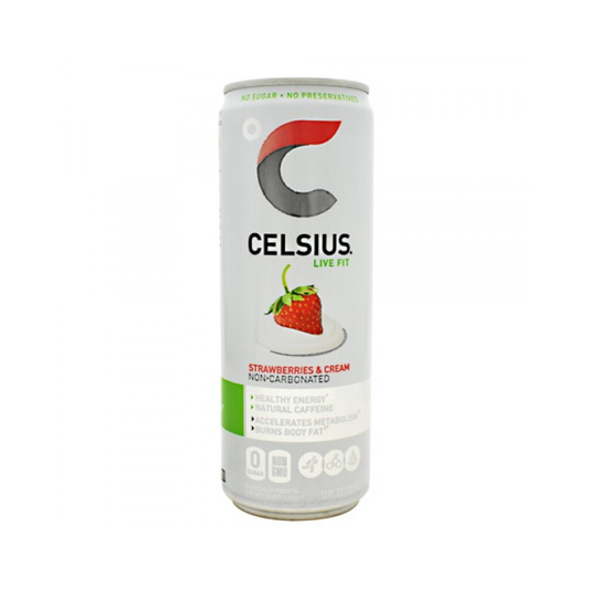 Lata de Celsius Strawberries & Cream no carbonatada de 12oz.