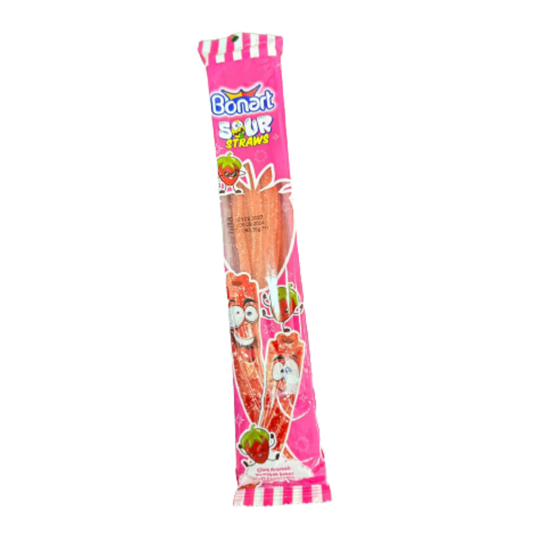 Bolsa rosa de gomitas ácidas Bonart Strawberry Sour Straws sabor fresa.
