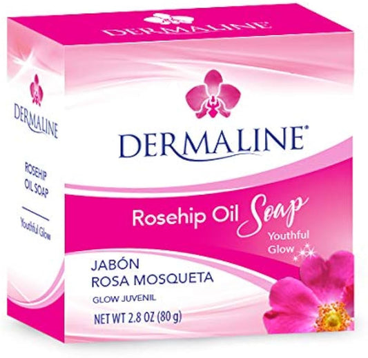 Dermaline Rosehip Oil Soap packaging with pink and white design.