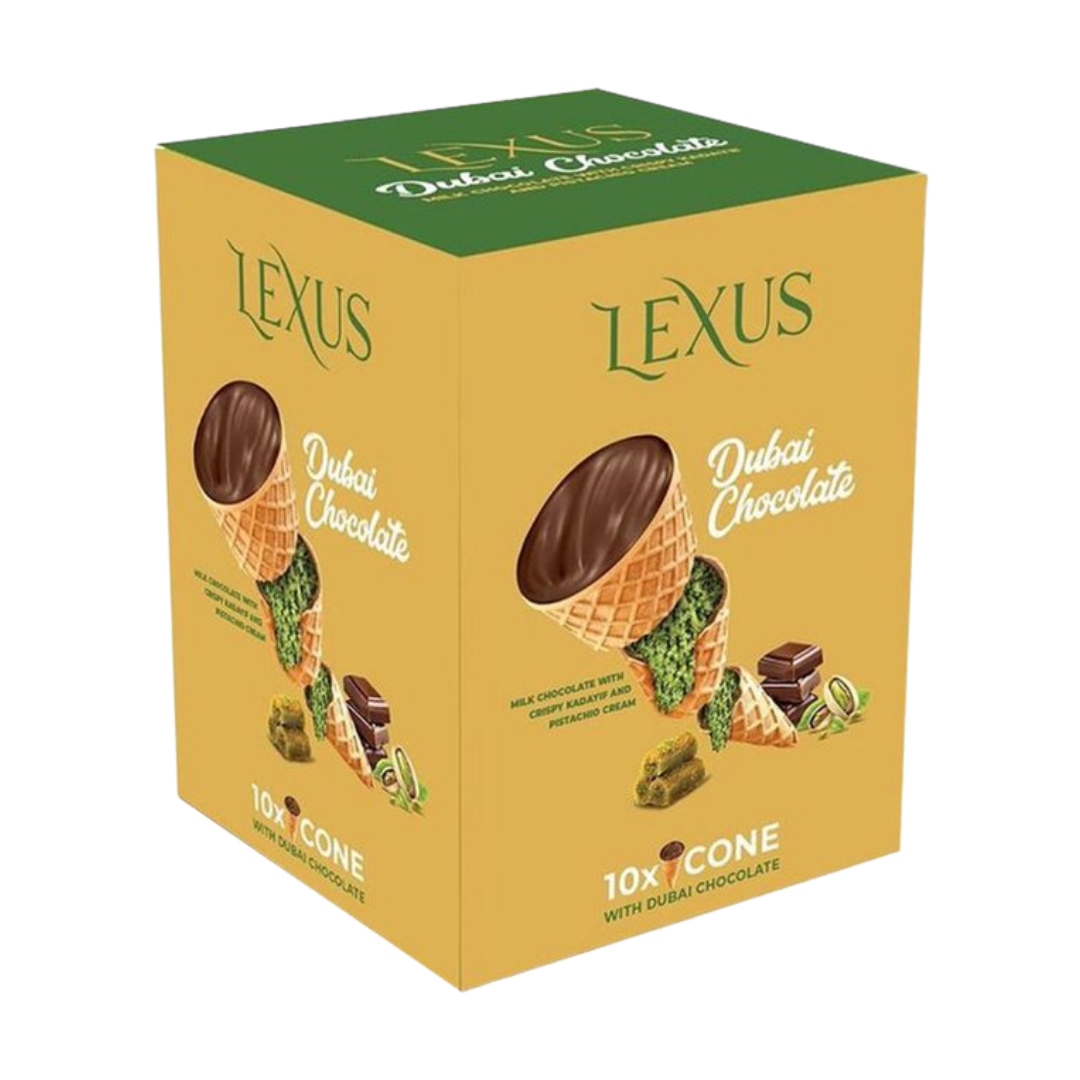 Caja de Lexus Dubai Chocolate con 10 mini conos de pistacho y kadayif.