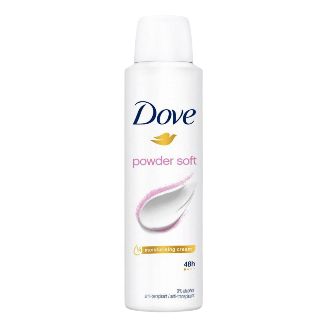 Aerosol Dove Powder Soft con fragancia a talco y 48 horas de protección.