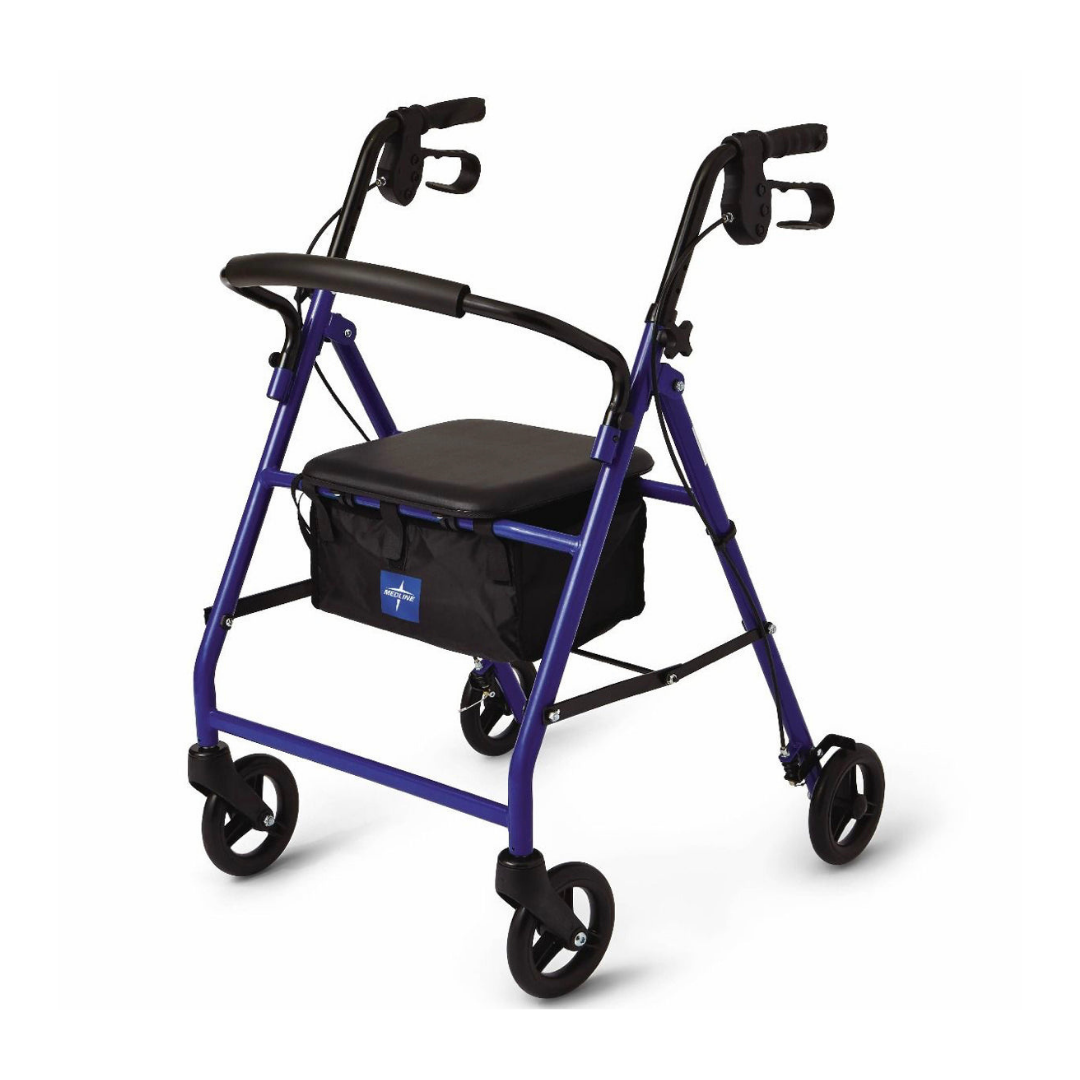 Andador Medline Rollator azul con asiento y ruedas para movilidad