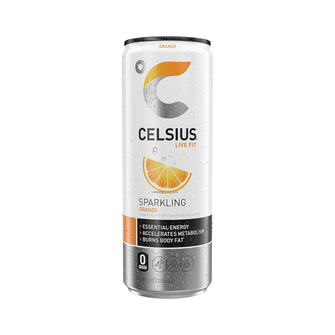Lata de Celsius Live Fit Sparkling Orange de 12oz para energía esencial.