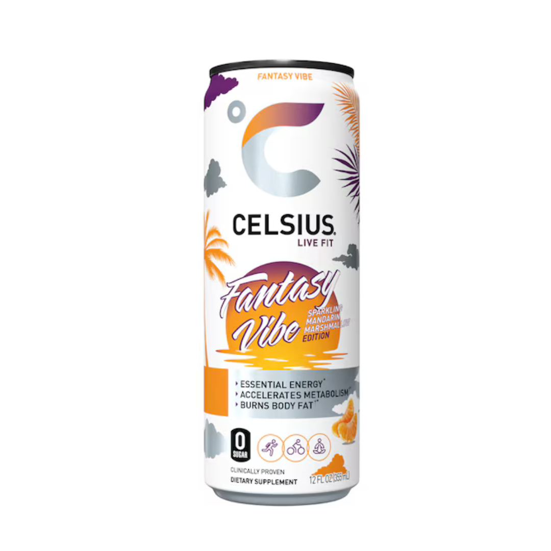 Lata de Celsius Fantasy Vibe Mandarin Marshmallow 12oz edición limitada.