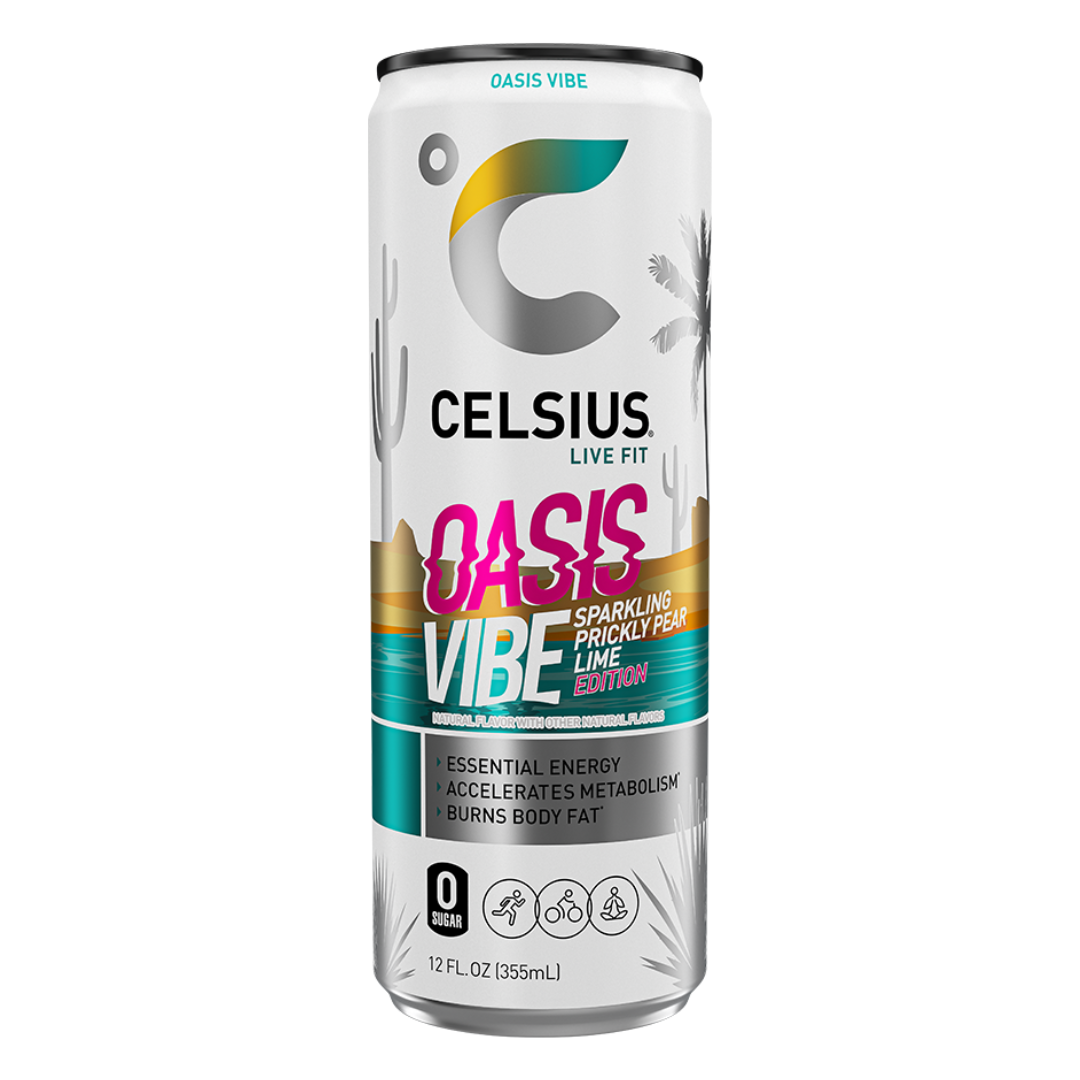 Lata de Celsius Oasis Vibe Prickly Pear Lime 12oz sabor tuna y lima.
