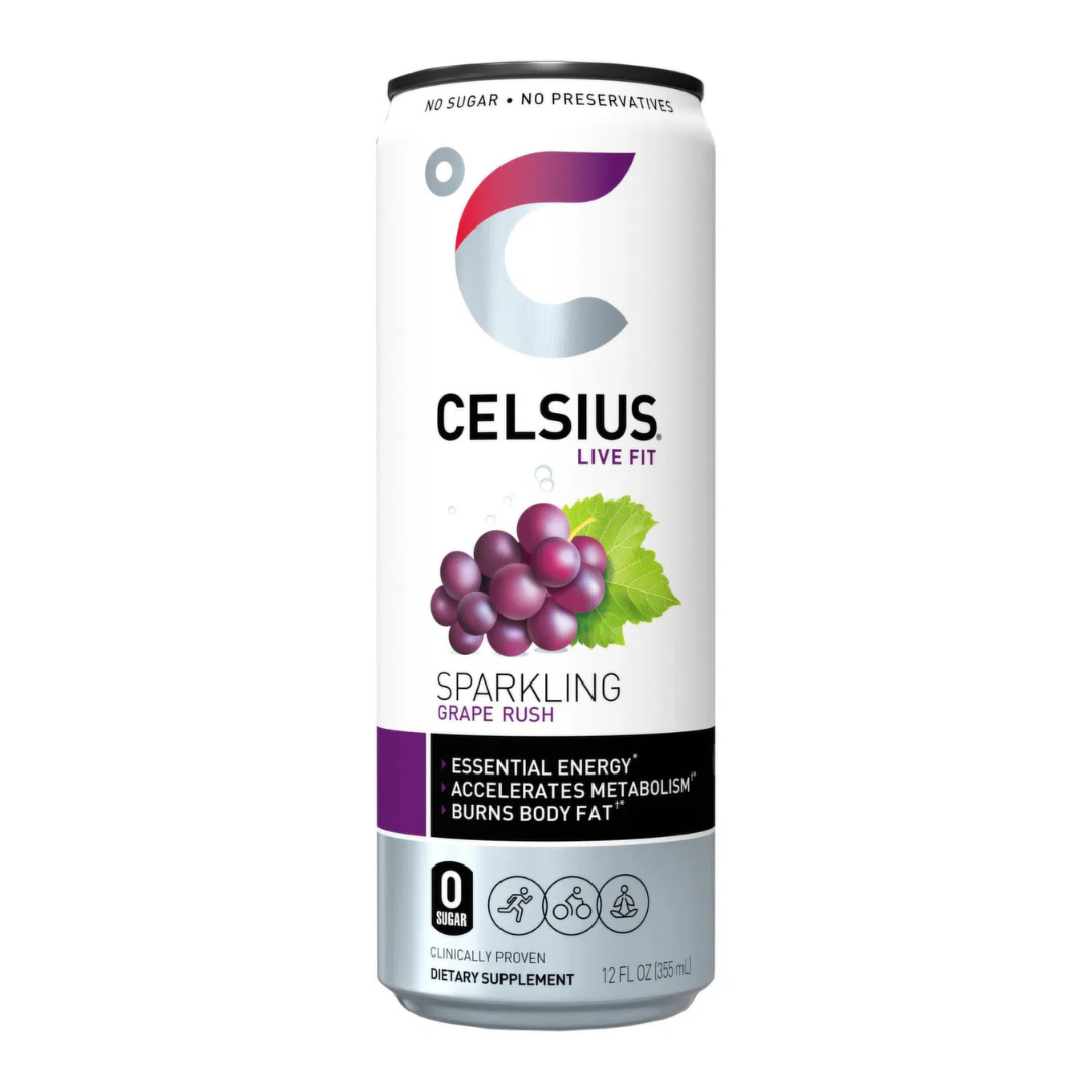 Bebida energética Celsius Sparkling Grape Rush de 12oz sabor uva.
