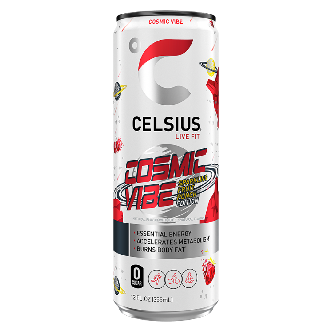 Lata de Celsius Cosmic Vibe Fruit Punch 12oz para rendimiento máximo.