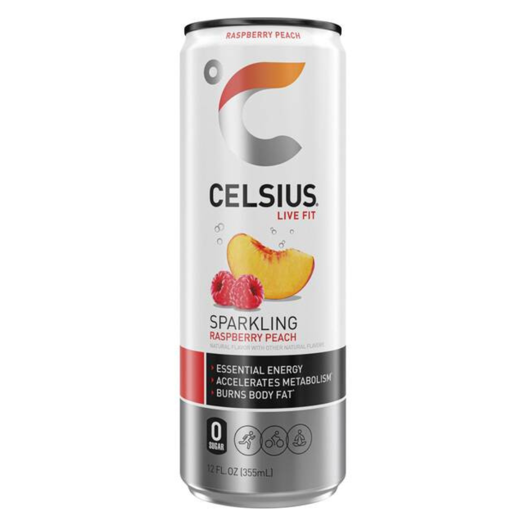 Lata de Celsius Sparkling Raspberry Peach 12oz sabor frambuesa durazno.