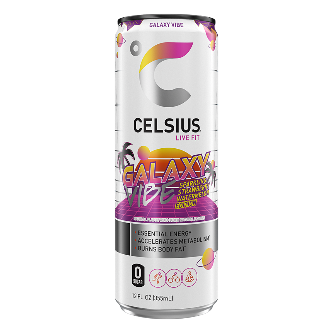 Lata de Celsius Galaxy Vibe Strawberry Watermelon 12oz sin azúcar.