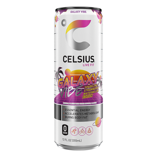 Lata de Celsius Galaxy Vibe Strawberry Watermelon 12oz sin azúcar.