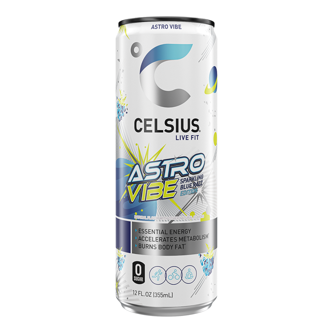 Bebida energética Celsius Astro Vibe Blue Razz de 12oz sabor frambuesa azul.
