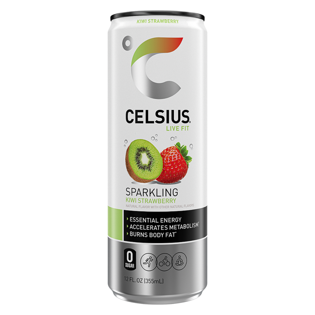 Celsius Sparkling Kiwi Strawberry 12oz bebida energética con vitaminas.