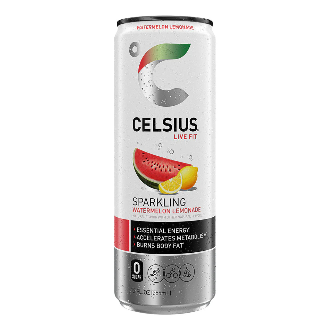 Bebida Celsius Sparkling Watermelon Lemonade 12oz sin azúcar.