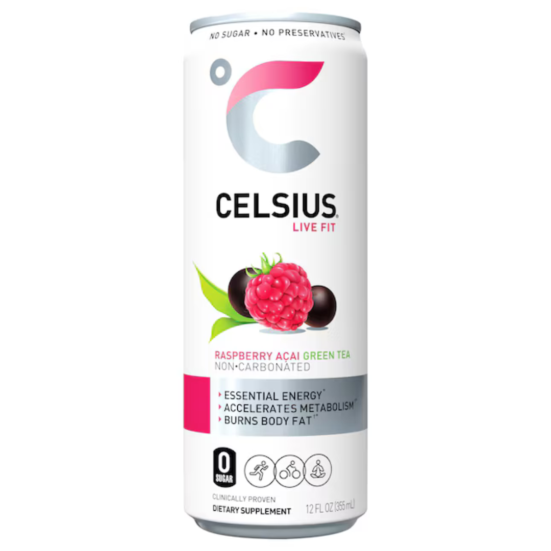 Lata Celsius Raspberry Acai Green Tea 12oz sin gas.