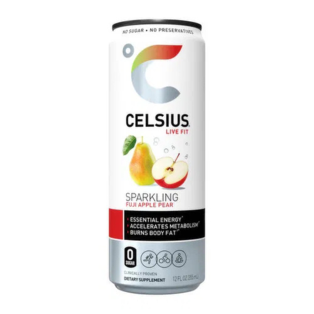 Celsius Sparkling Fuji Apple Pear 12oz bebida energética sabor manzana.