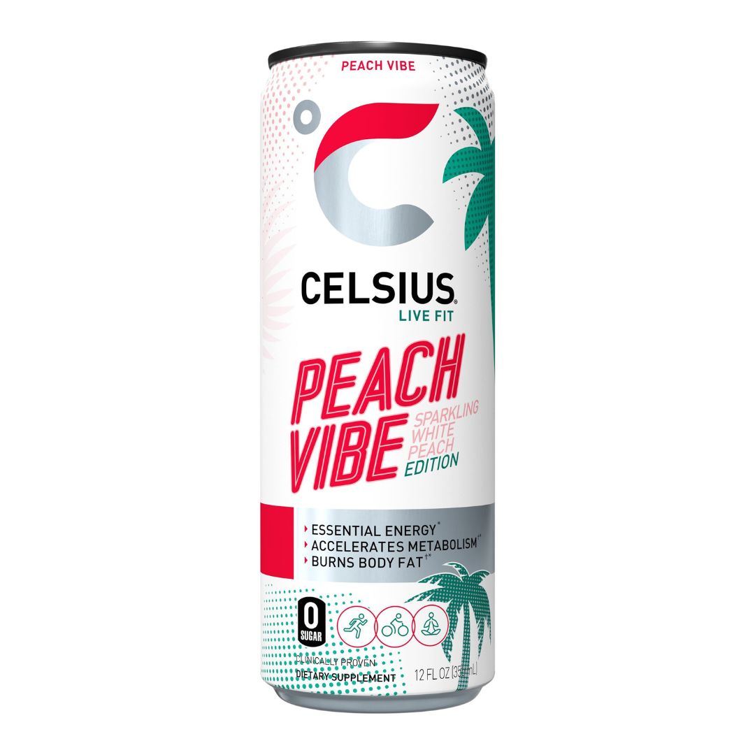 Bebida energética Celsius Peach Vibe White Peach Edition de 12oz.
