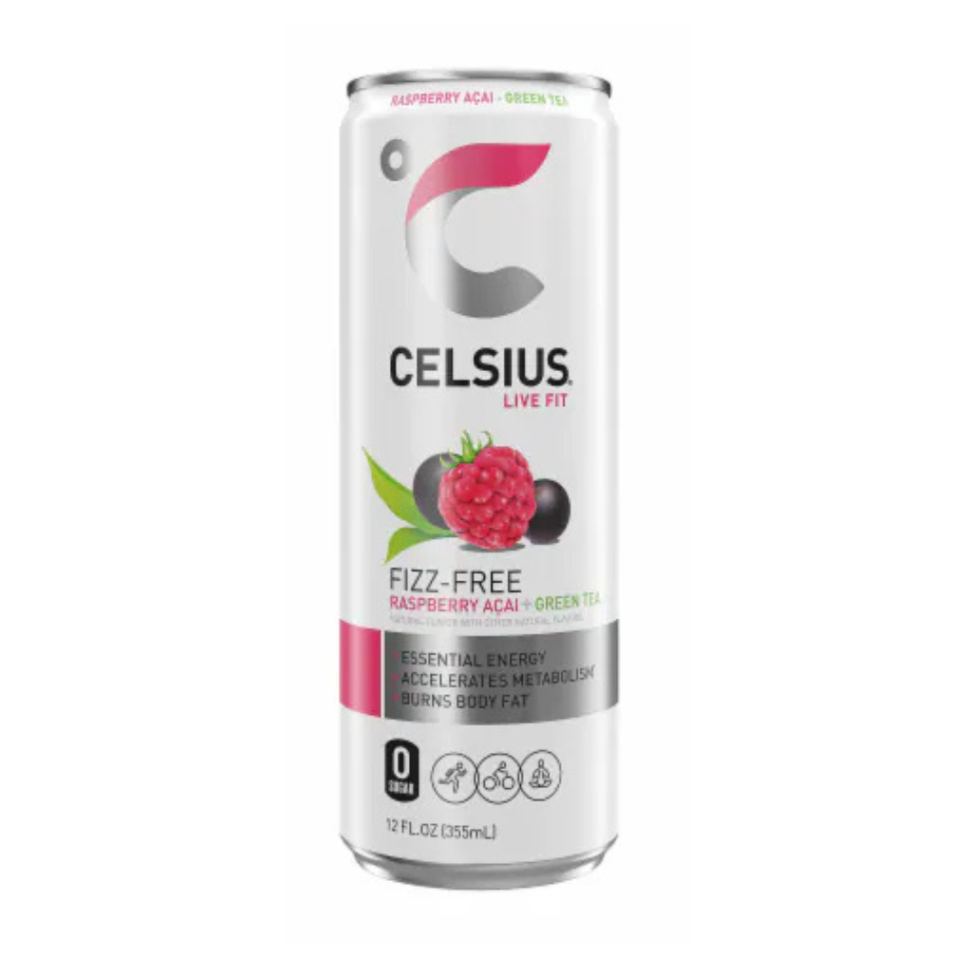 Lata Celsius Raspberry Acai Green Tea no carbonatada de 12oz.