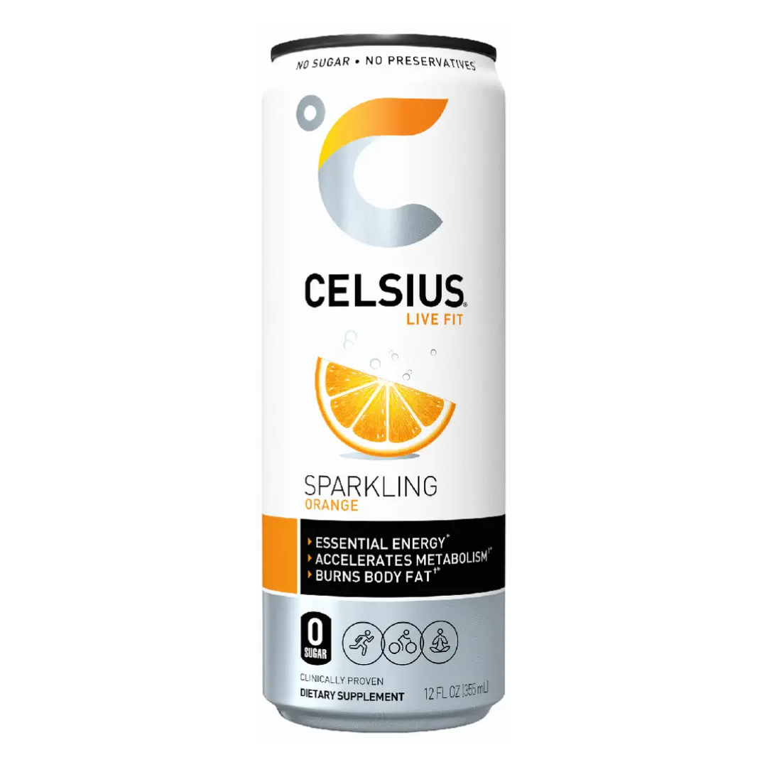 Celsius Sparkling Orange 12oz bebida energética de naranja chispeante.