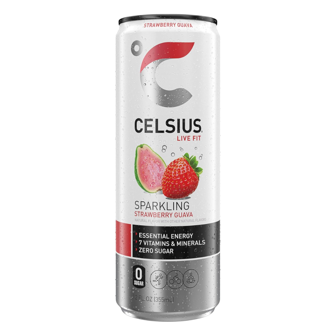 Lata de Celsius Live Fit Sparkling Strawberry Guava de 12oz sin azúcar.