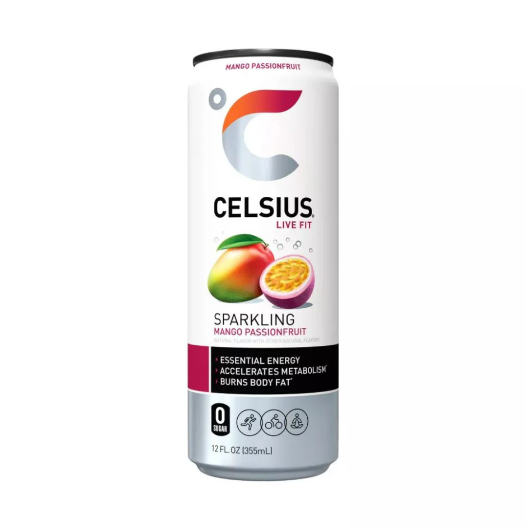Lata de Celsius Live Fit Sparkling Mango Passionfruit de 12oz.