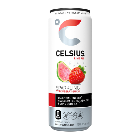 Bebida energética Celsius Sparkling Strawberry Guava 12oz sin azúcar.