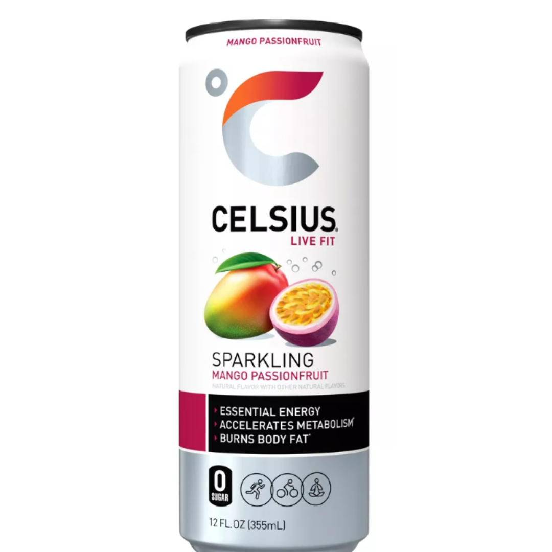 Lata de Celsius Live Fit Sparkling Mango Passionfruit 12oz sin azúcar.