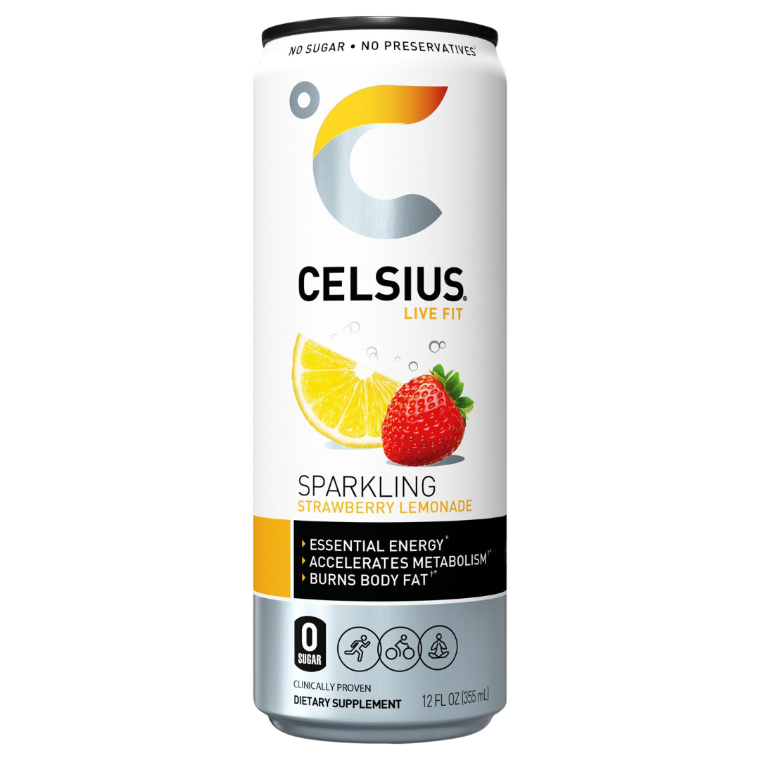 Lata de Celsius Live Fit Sparkling Strawberry Lemonade de 12oz.