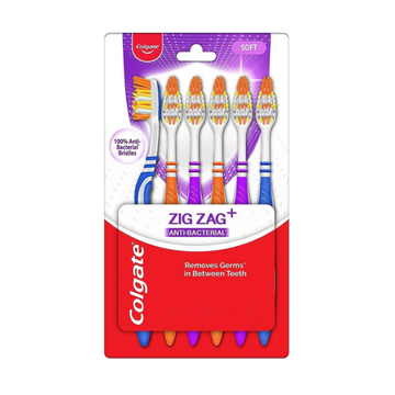 Paquete de 6 cepillos dentales Colgate Zig Zag Anti-Bacterial de cerdas suaves.