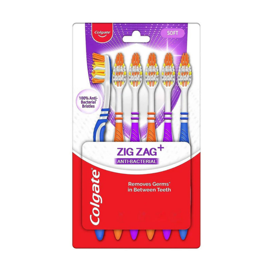 Paquete de 6 cepillos dentales Colgate Zig Zag Anti-Bacterial de cerdas suaves.