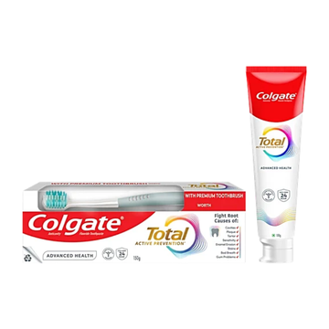 Pasta dental Colgate Total Active Prevention 150g más cepillo premium.