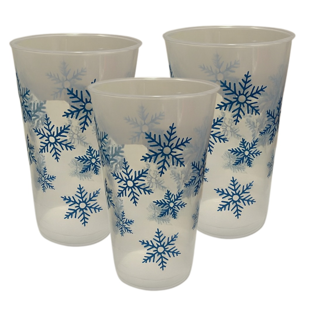 Set de 3 vasos de plástico con copos de nieve azules