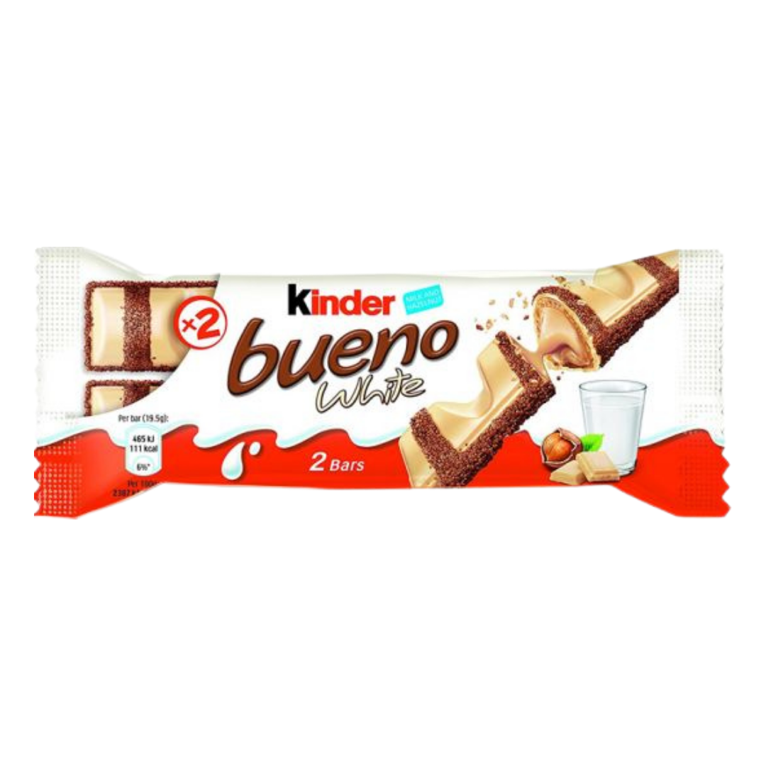 Kinder Bueno White paquete de 2 barritas de barquillo con chocolate blanco.