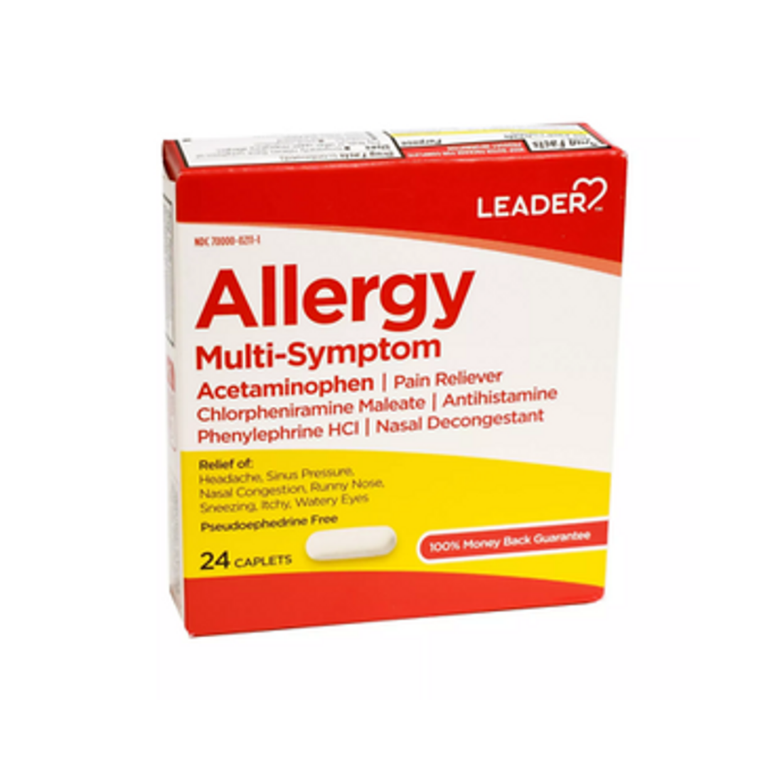 Medicamento Leader Allergy Multi-Symptom para alergia y congestión nasal.
