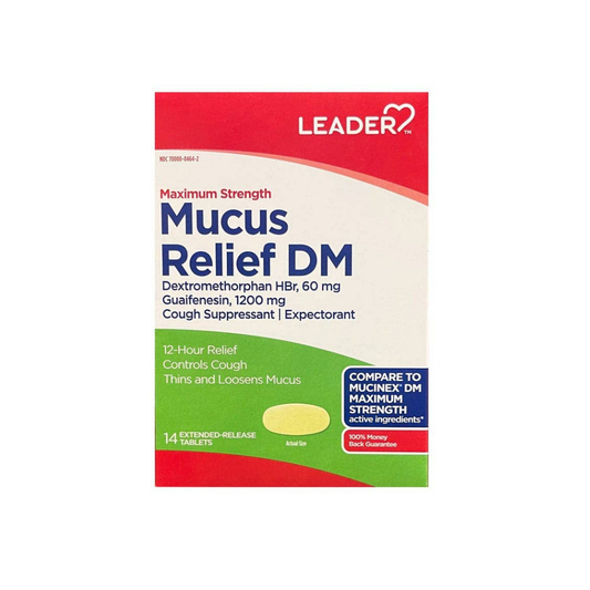 Tabletas Leader Mucus Relief DM fuerza máxima para tos y flemas.