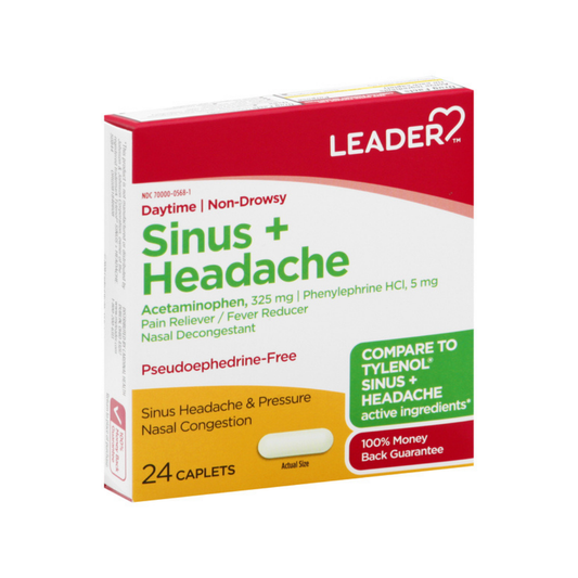 Caplets Leader Sinus + Headache para alivio de presión y dolor sinusal.