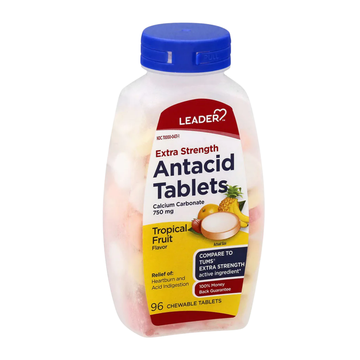 Leader Antacid Fruit 750mg bottle, 96 chewable tablets assorted fruit flavors