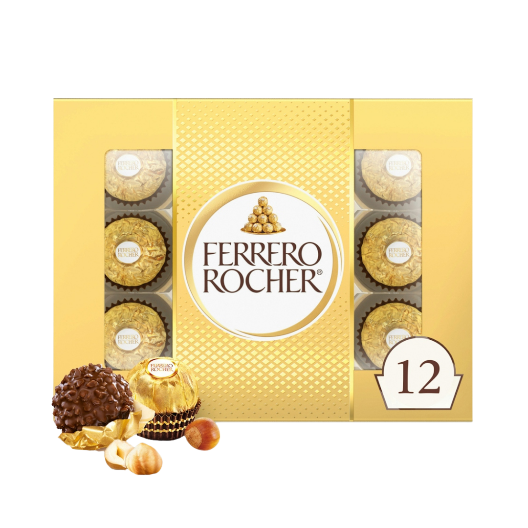 Caja dorada de Ferrero Rocher con 12 bombones de chocolate y avellana.
