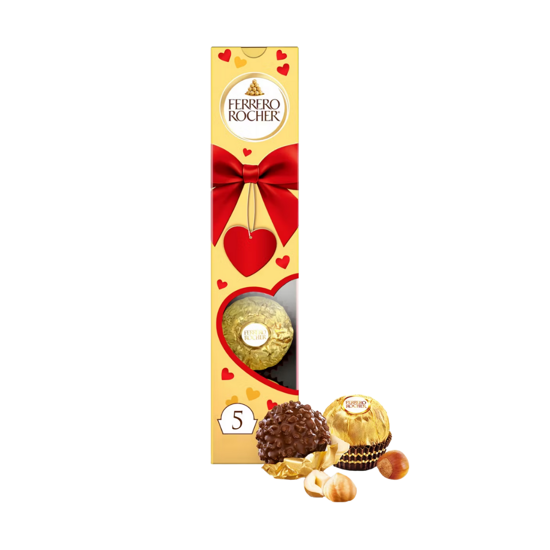 Estuche Ferrero Rocher Valentine Stick con 5 chocolates y lazo rojo.