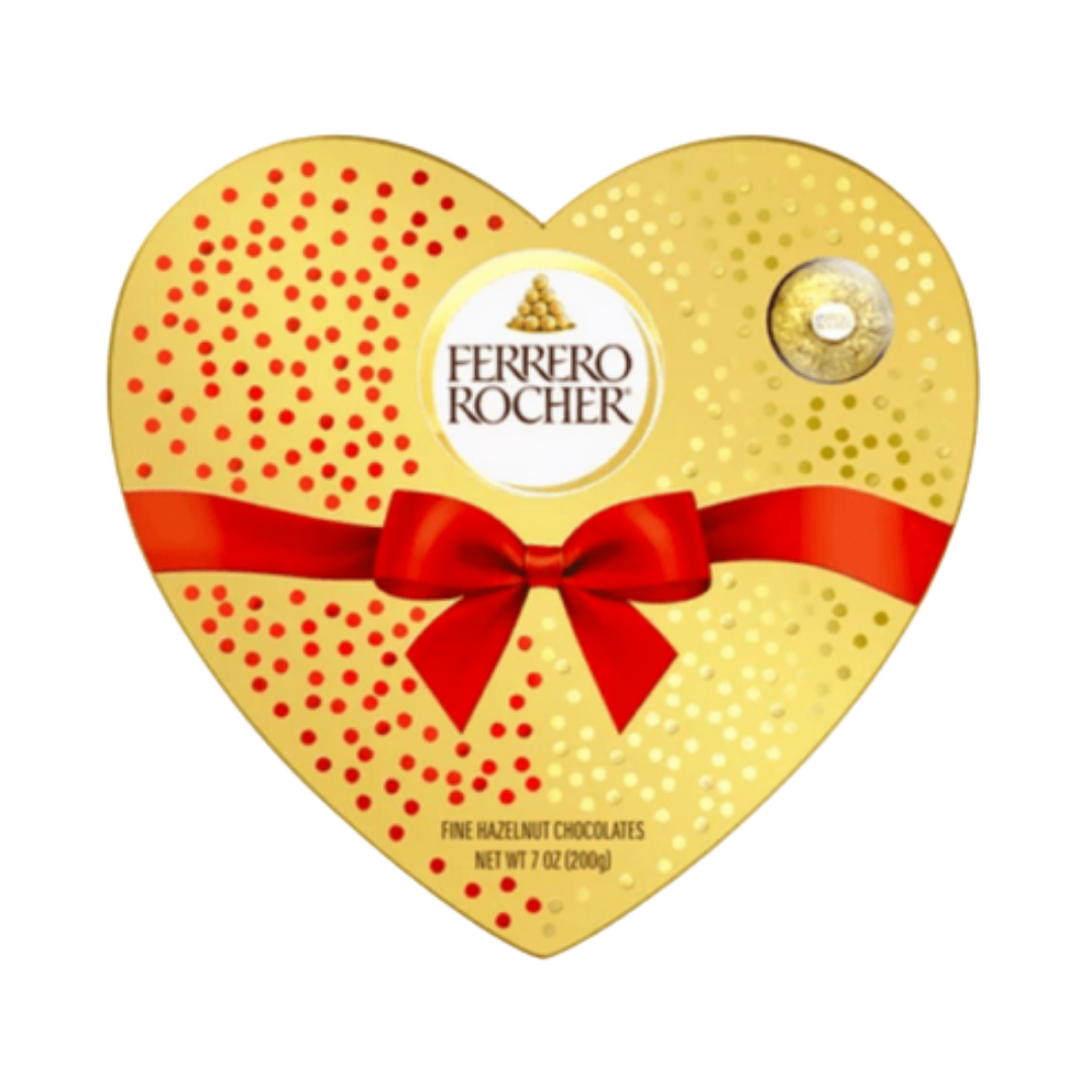 Caja de corazón dorada Ferrero Rocher 7oz con lazo rojo para San Valentín.