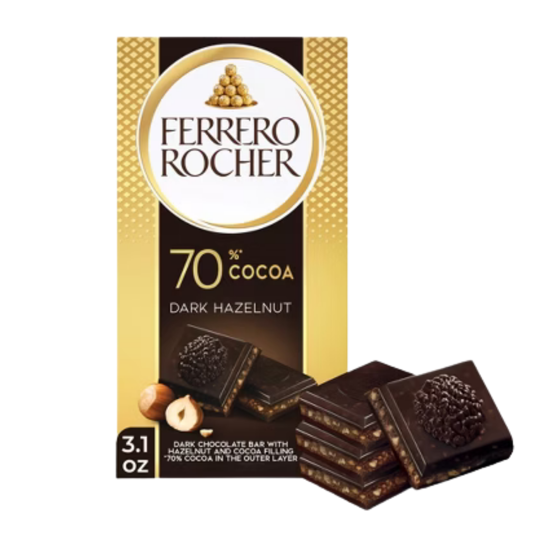 Tableta de chocolate oscuro Ferrero Rocher 70% cacao con avellanas 88g.