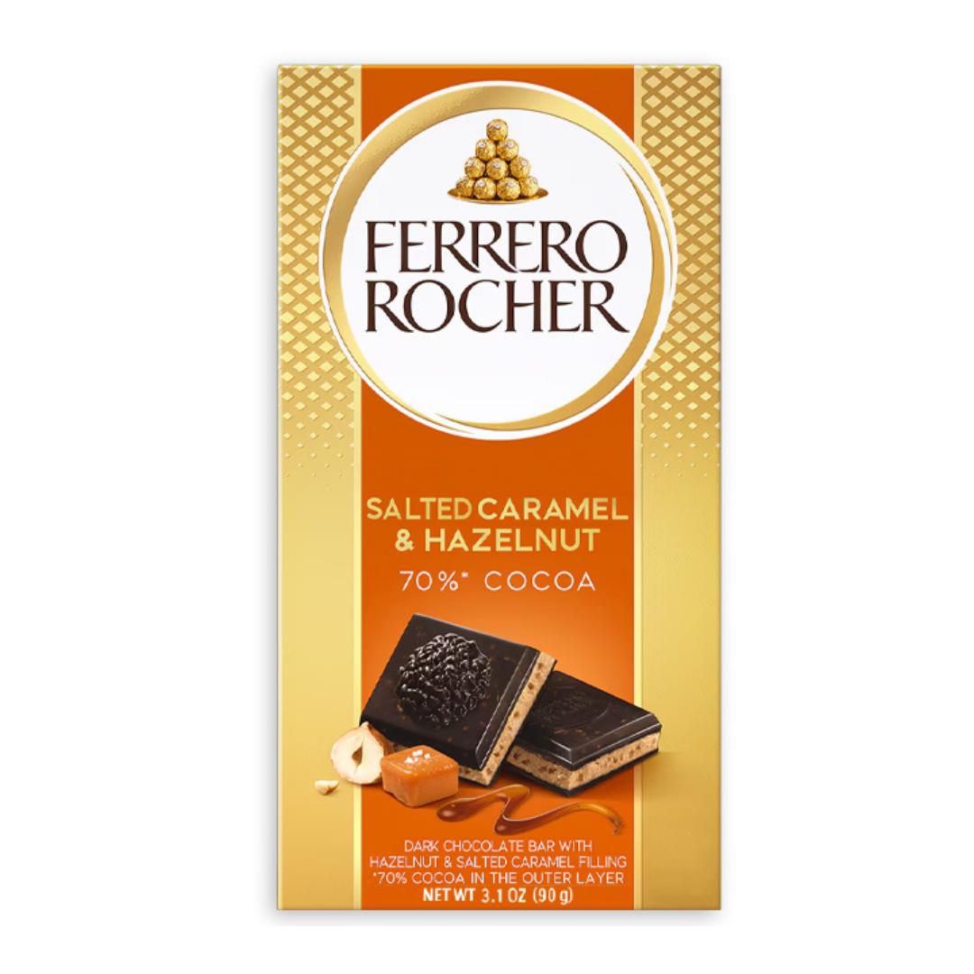 Tableta de chocolate oscuro Ferrero Rocher 70% cacao con avellanas y caramelo salado.