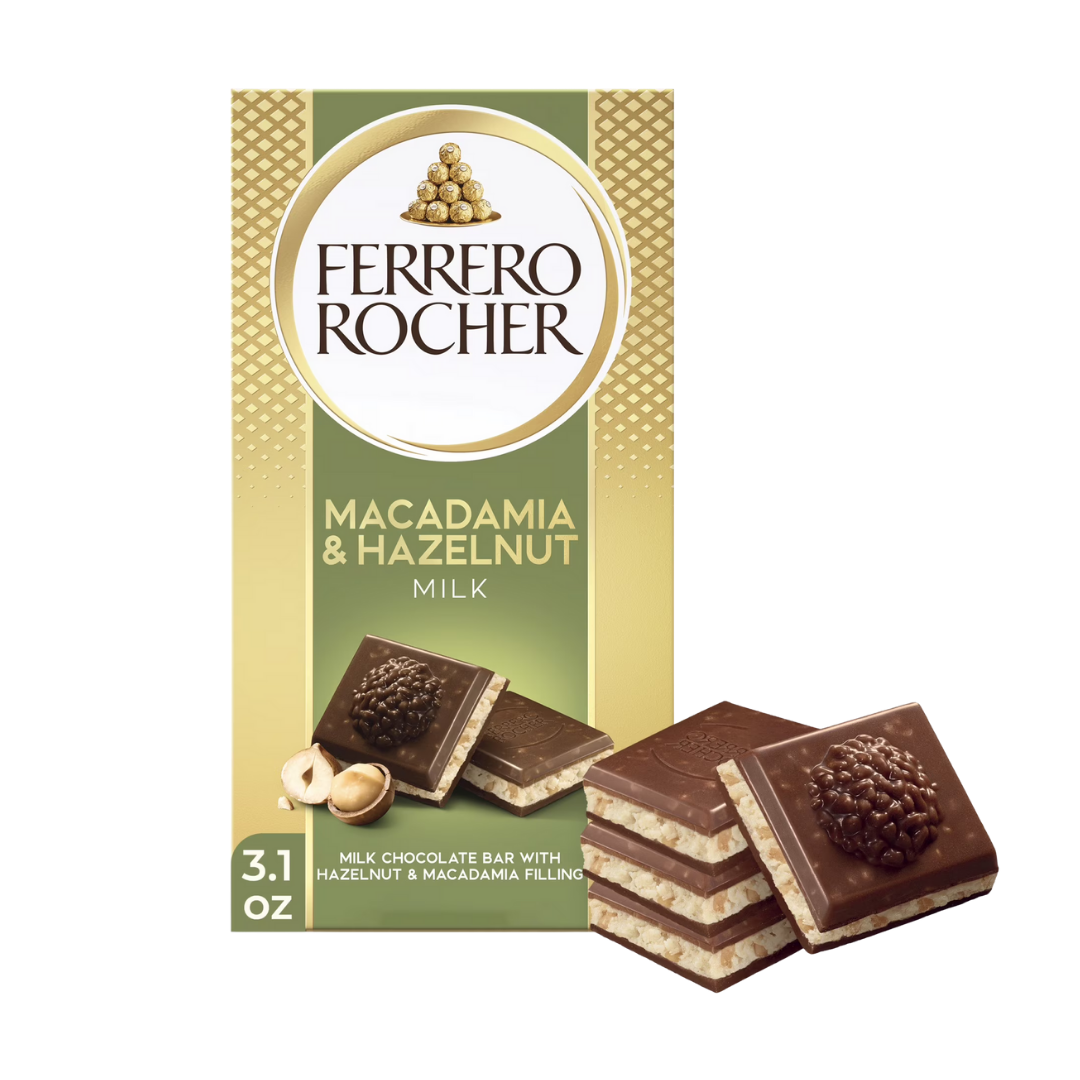 Tableta de chocolate de leche Ferrero Rocher con macadamia y avellana.