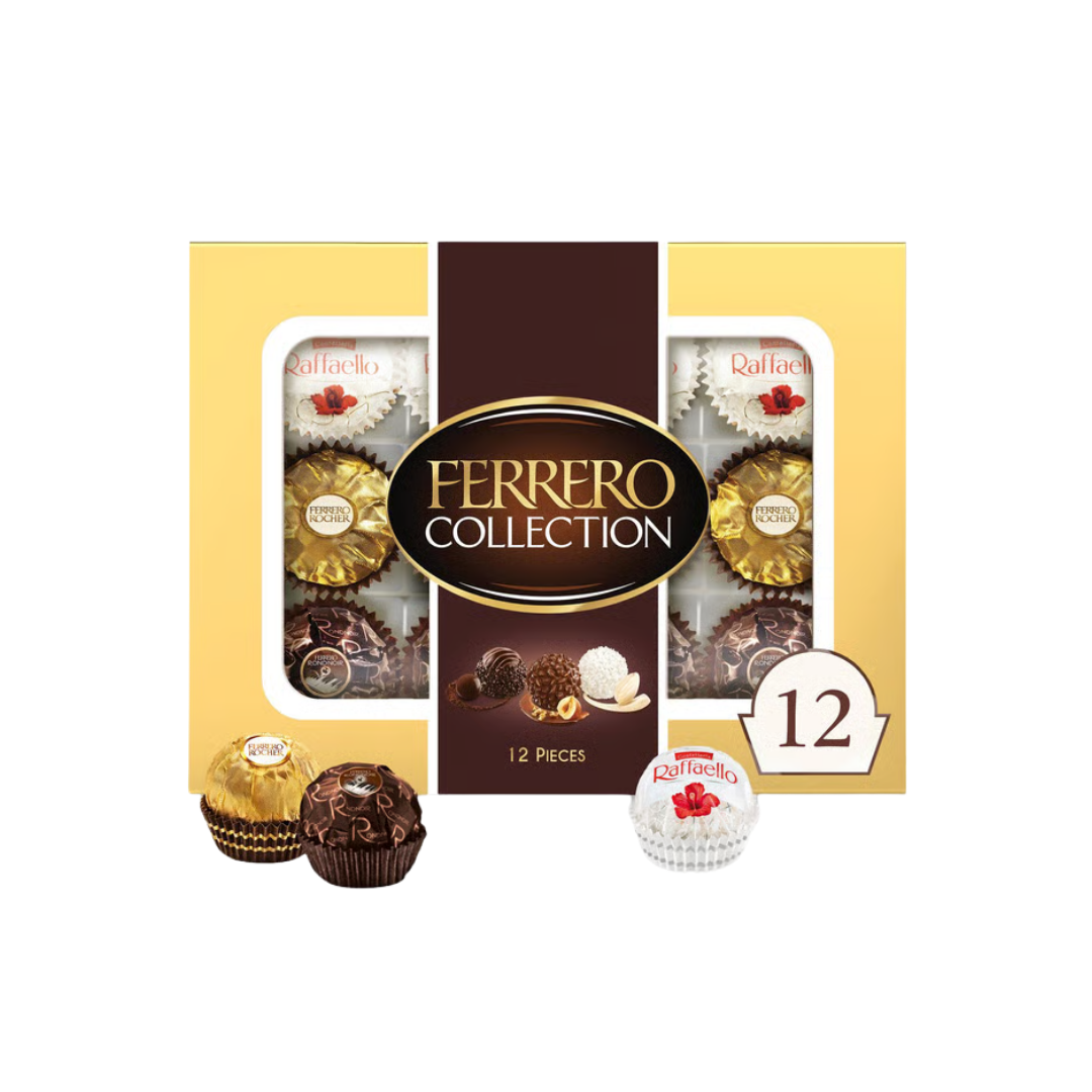 Caja de bombones surtidos Ferrero Collection con 12 piezas (Rocher, Rondnoir, Raffaello).