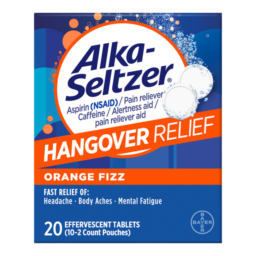 Tabletas efervescentes Alka‑Seltzer Hangover Relief (20 ct) para resaca